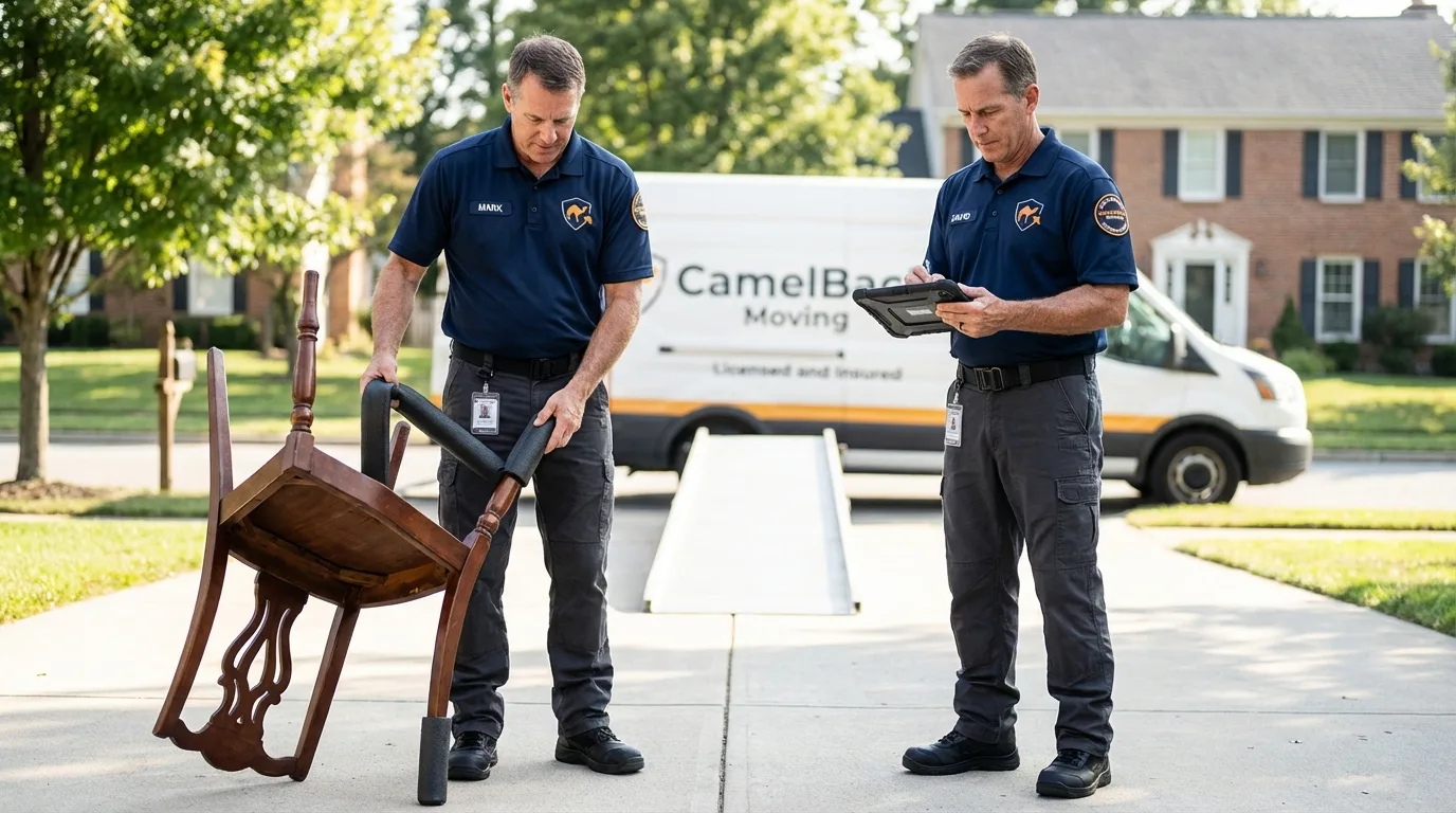 Movers inspecting furniture for damage prevention before loading in Moncks Corner, SC